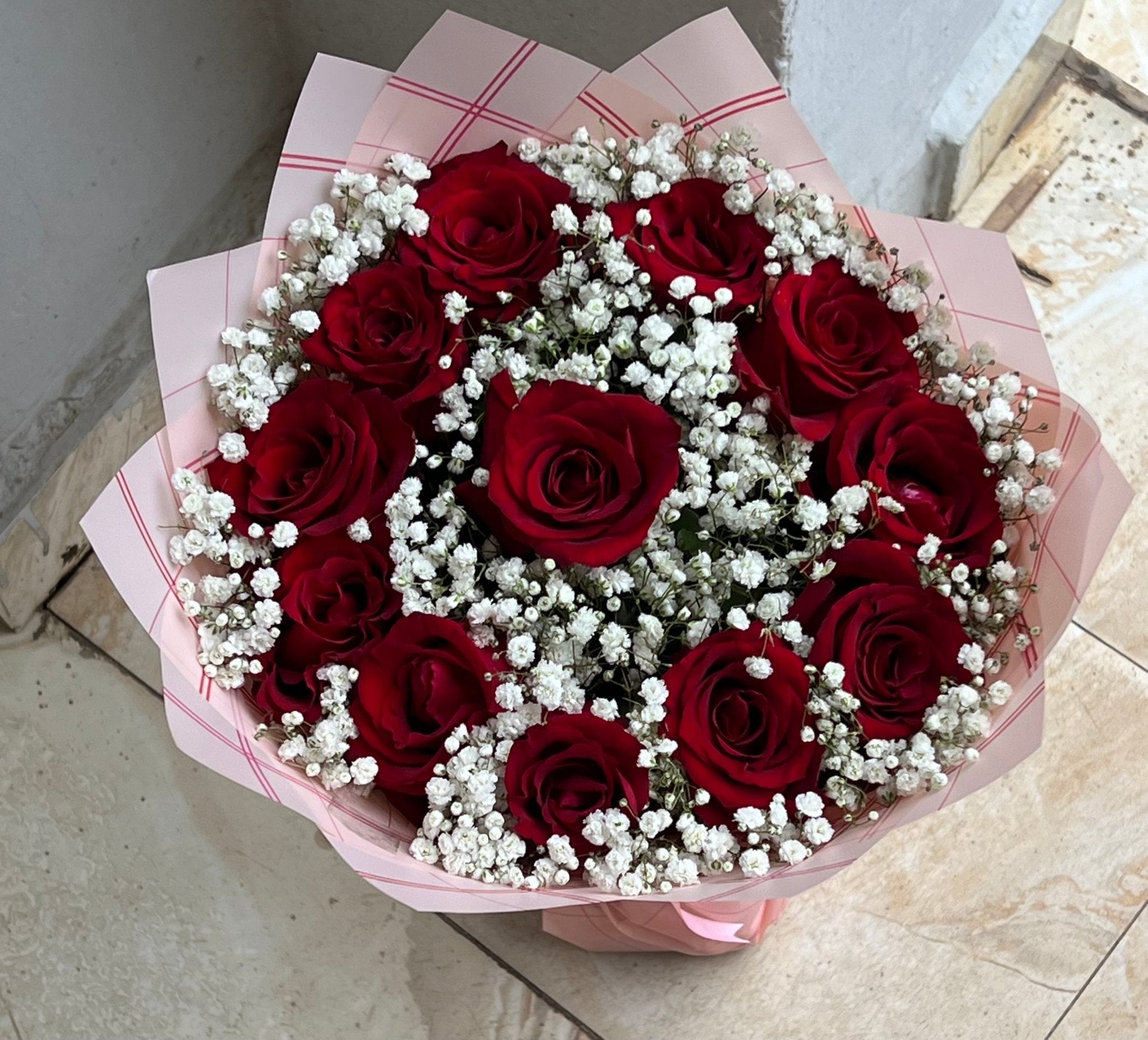 12 Red Roses Bouquet with Baby’s Breath - Magikworld Gifts and Surprises