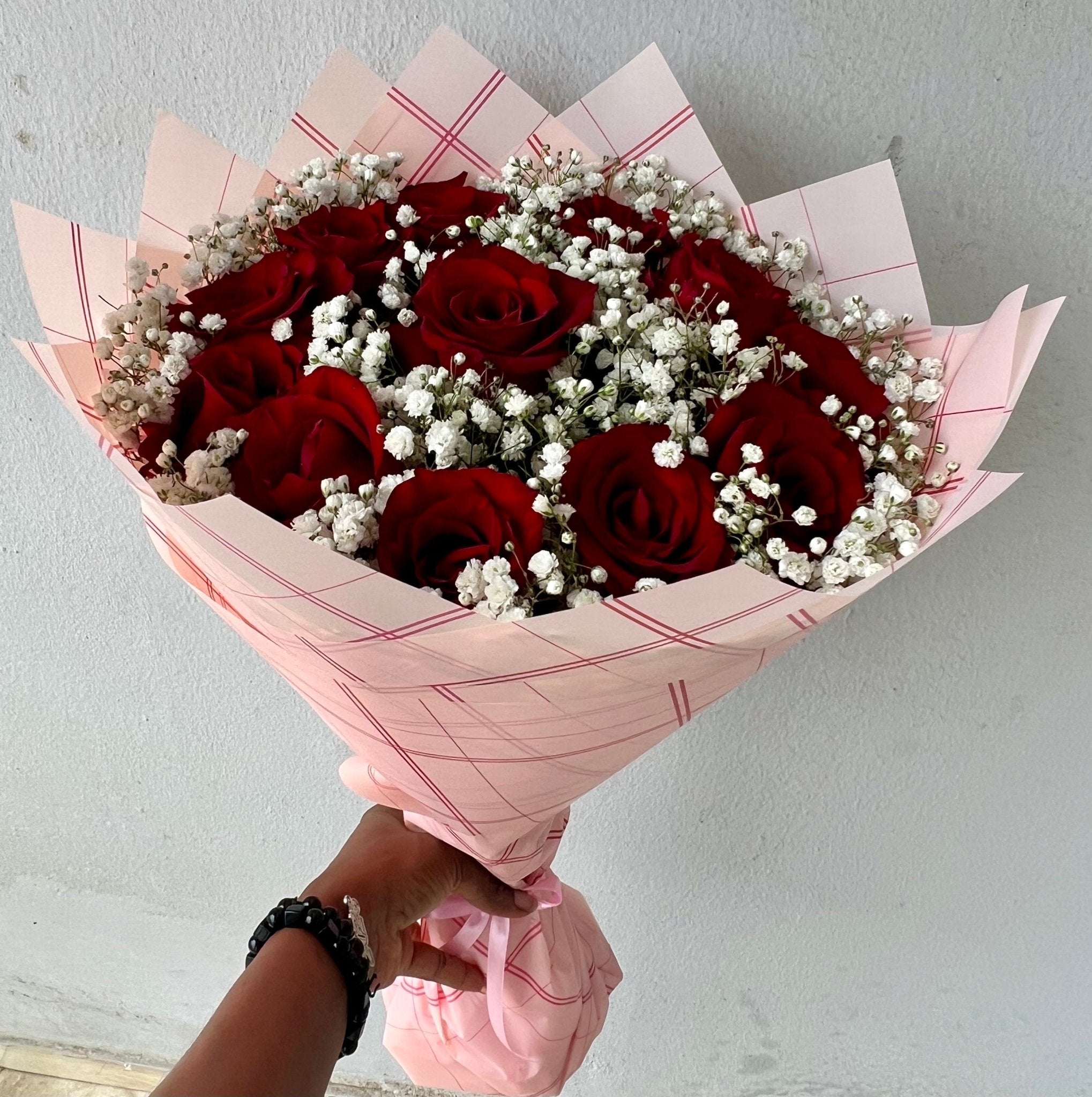 12 Red Roses Bouquet with Baby’s Breath - Magikworld Gifts and Surprises
