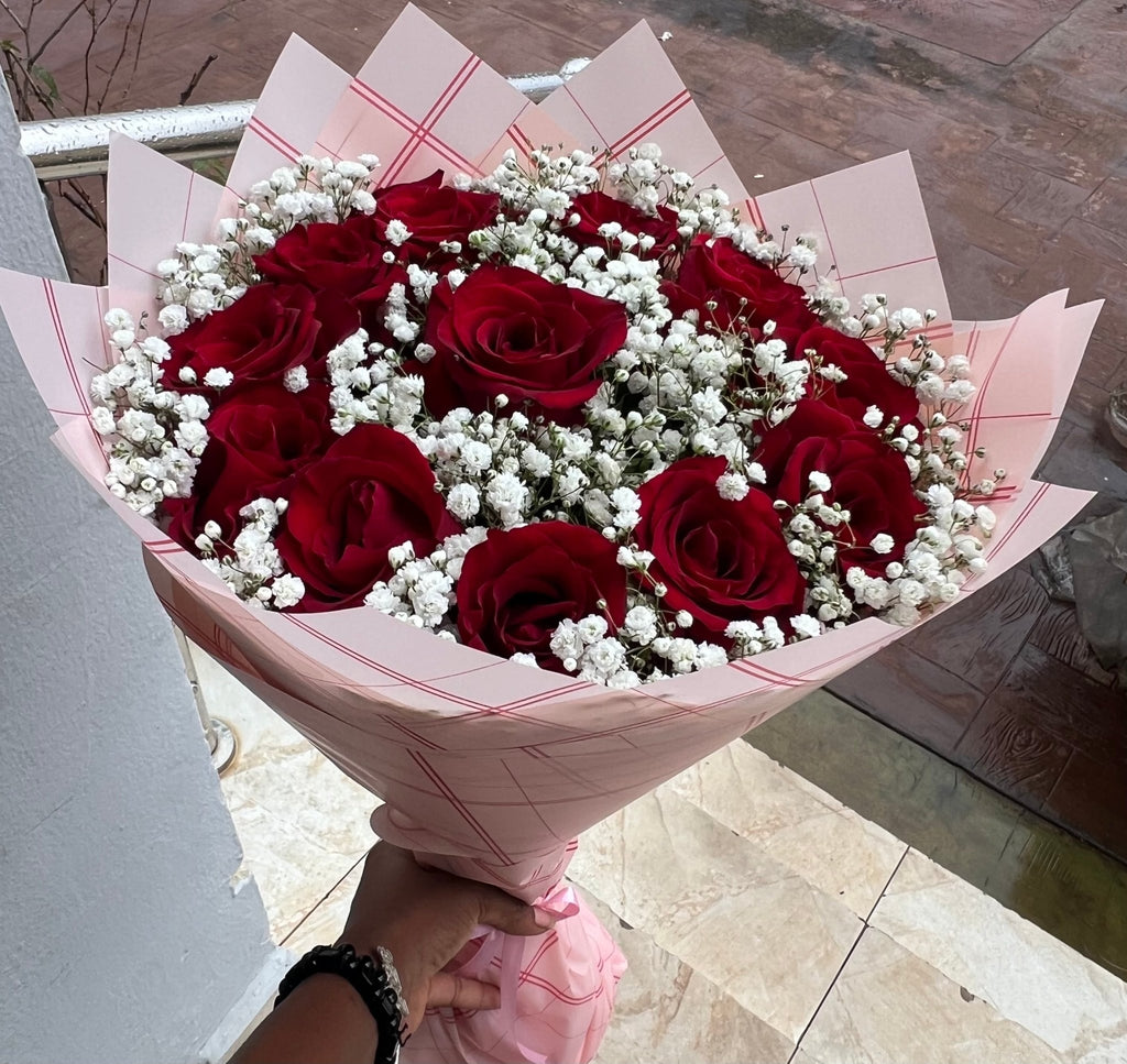 12 Red Roses Bouquet with Baby’s Breath - Magikworld Gifts and Surprises
