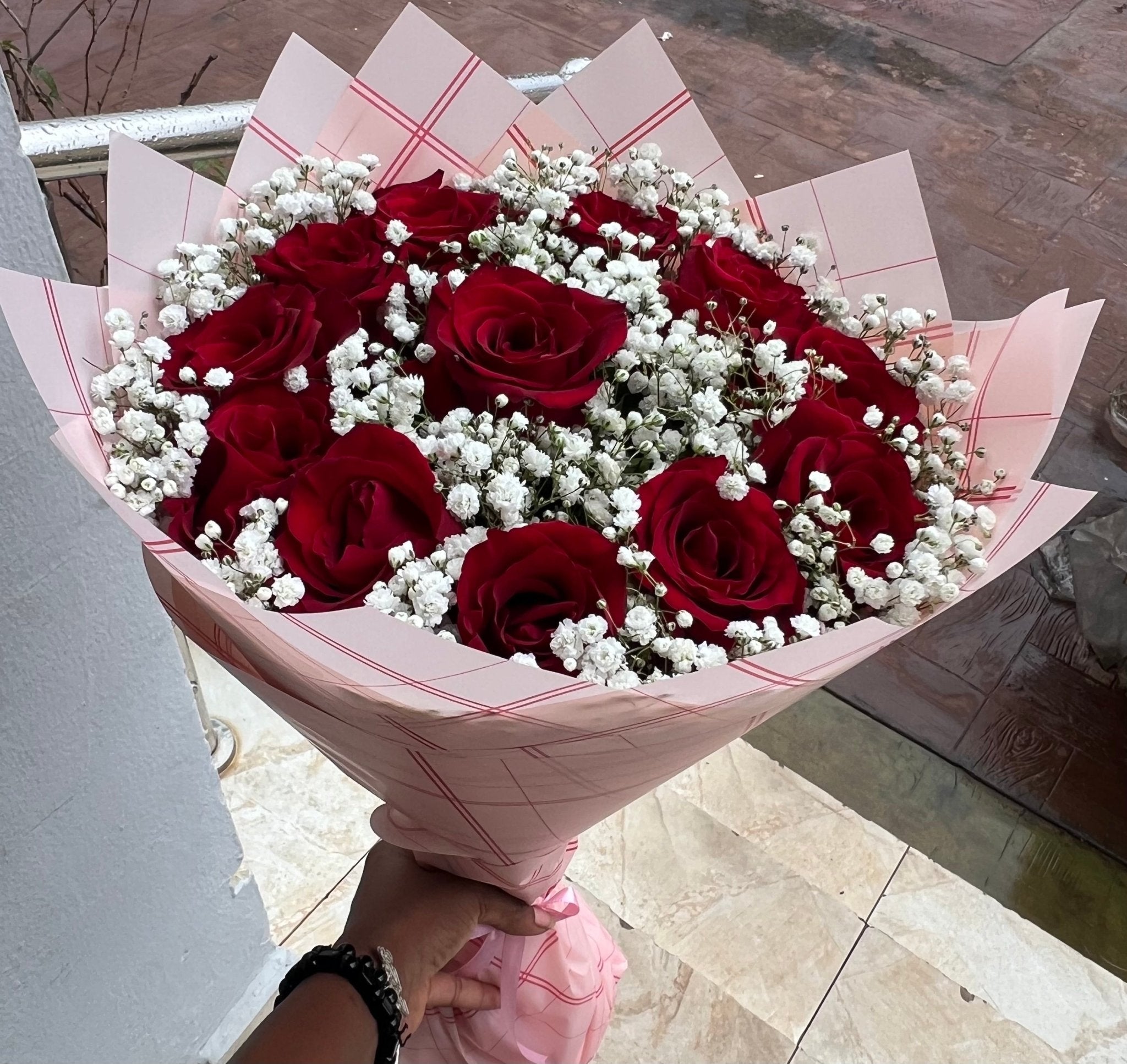 12 Red Roses Bouquet with Baby’s Breath - Magikworld Gifts and Surprises