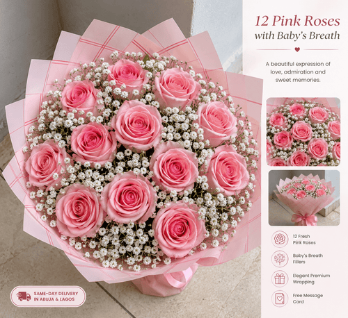 12 Red Roses Bouquet with Baby’s Breath - Magikworld Gifts and Surprises