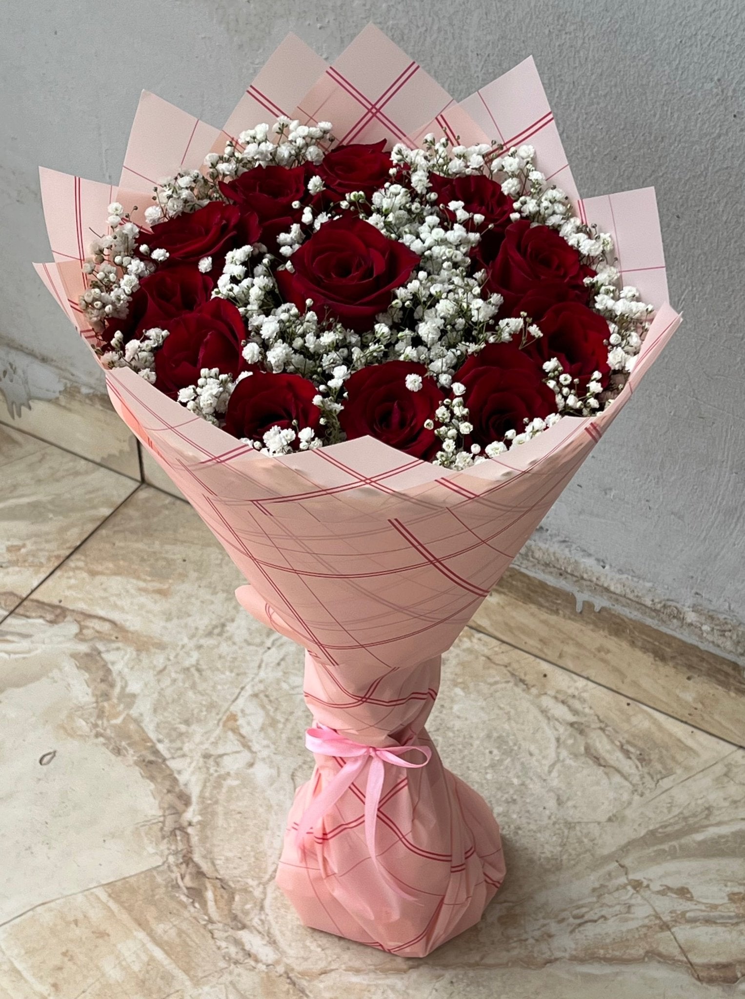 12 Red Roses Bouquet with Baby’s Breath - Magikworld Gifts and Surprises