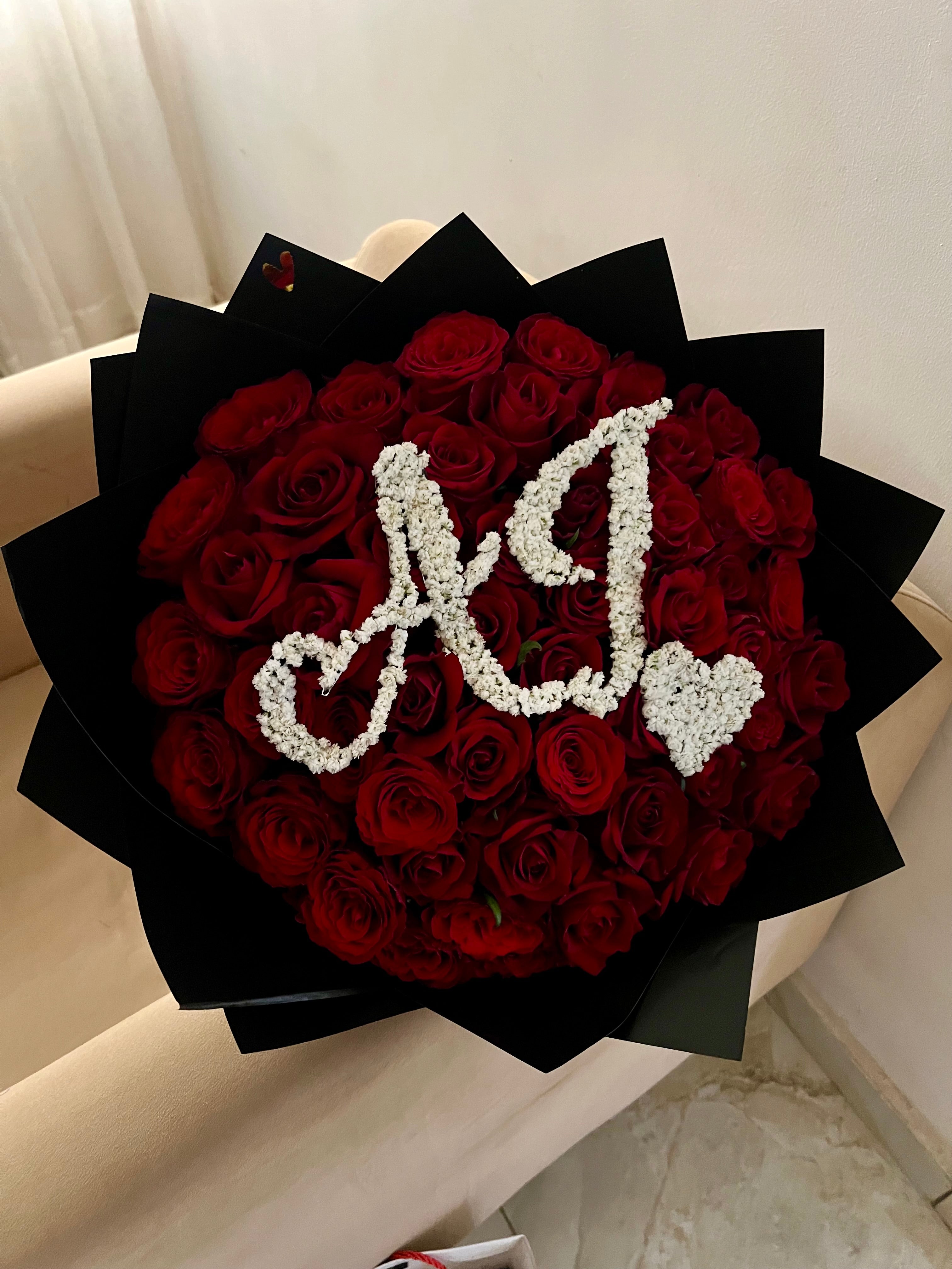 50 Red Roses Bouquet with Initial | Flower Delivery Abuja & Lagos
