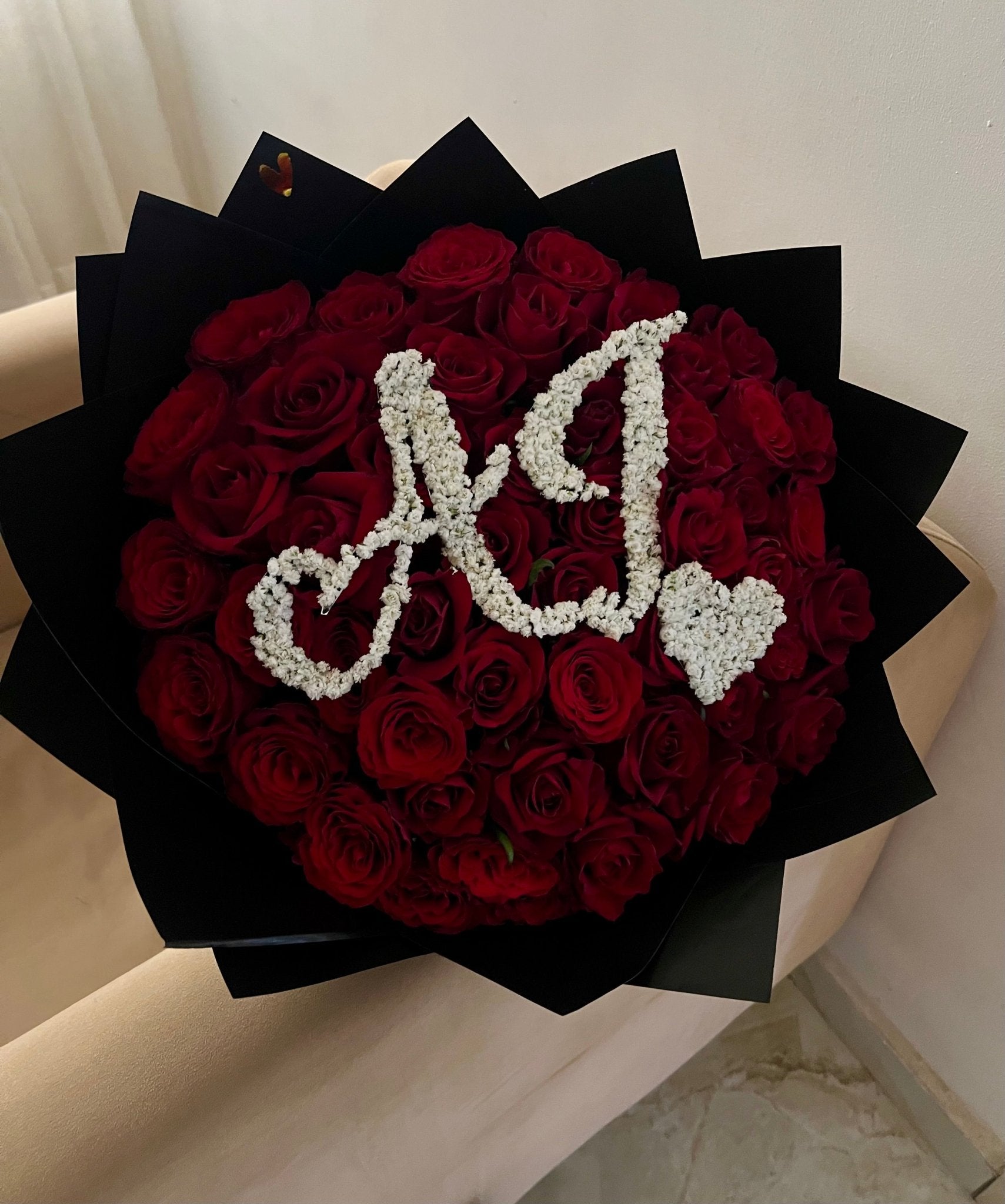 50 Red Roses Bouquet with Initial | Flower Delivery Abuja & Lagos - Magikworld Gifts and Surprises