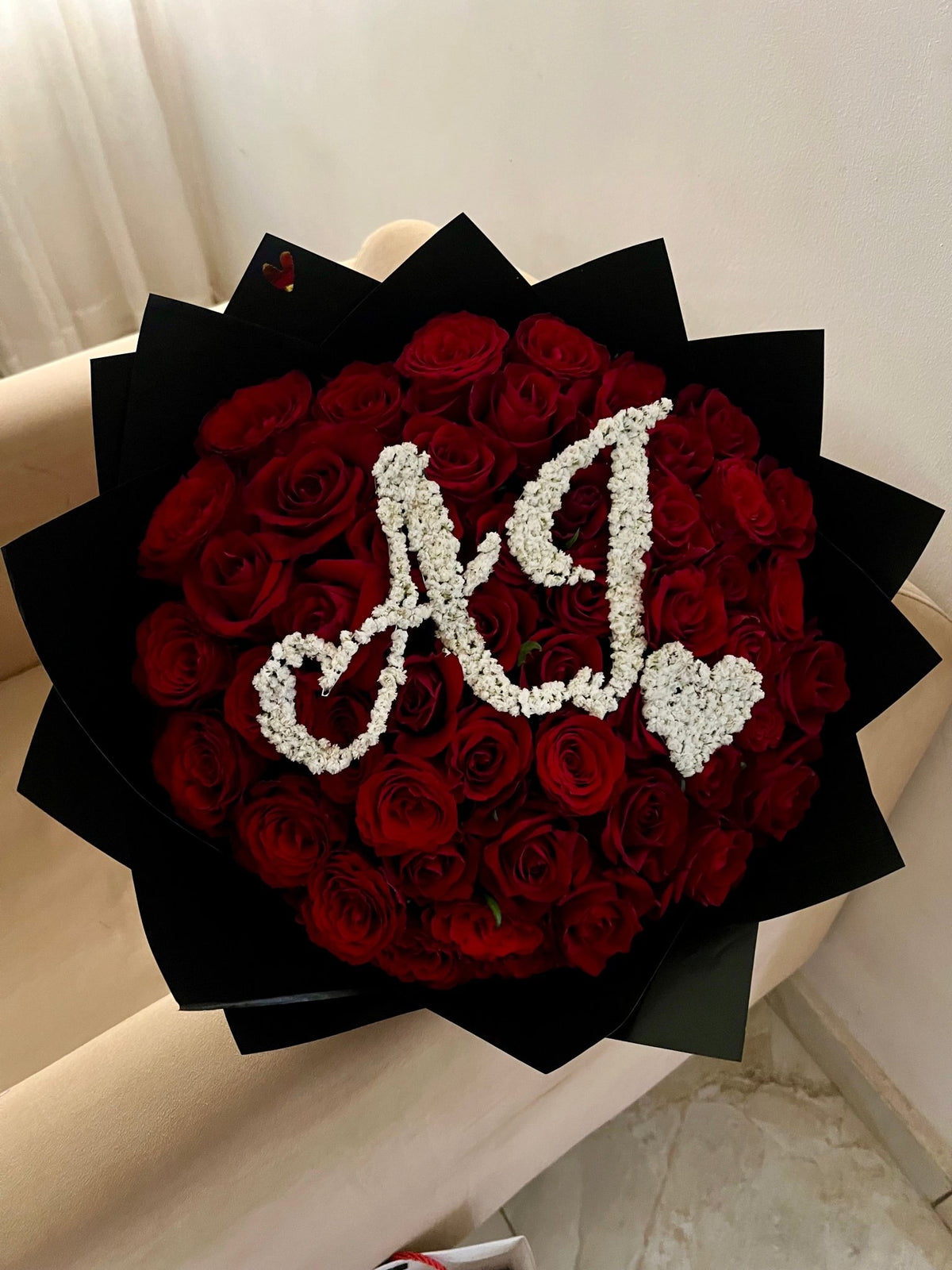50 Red Roses Bouquet with Initial | Flower Delivery Abuja & Lagos - Magikworld Gifts and Surprises