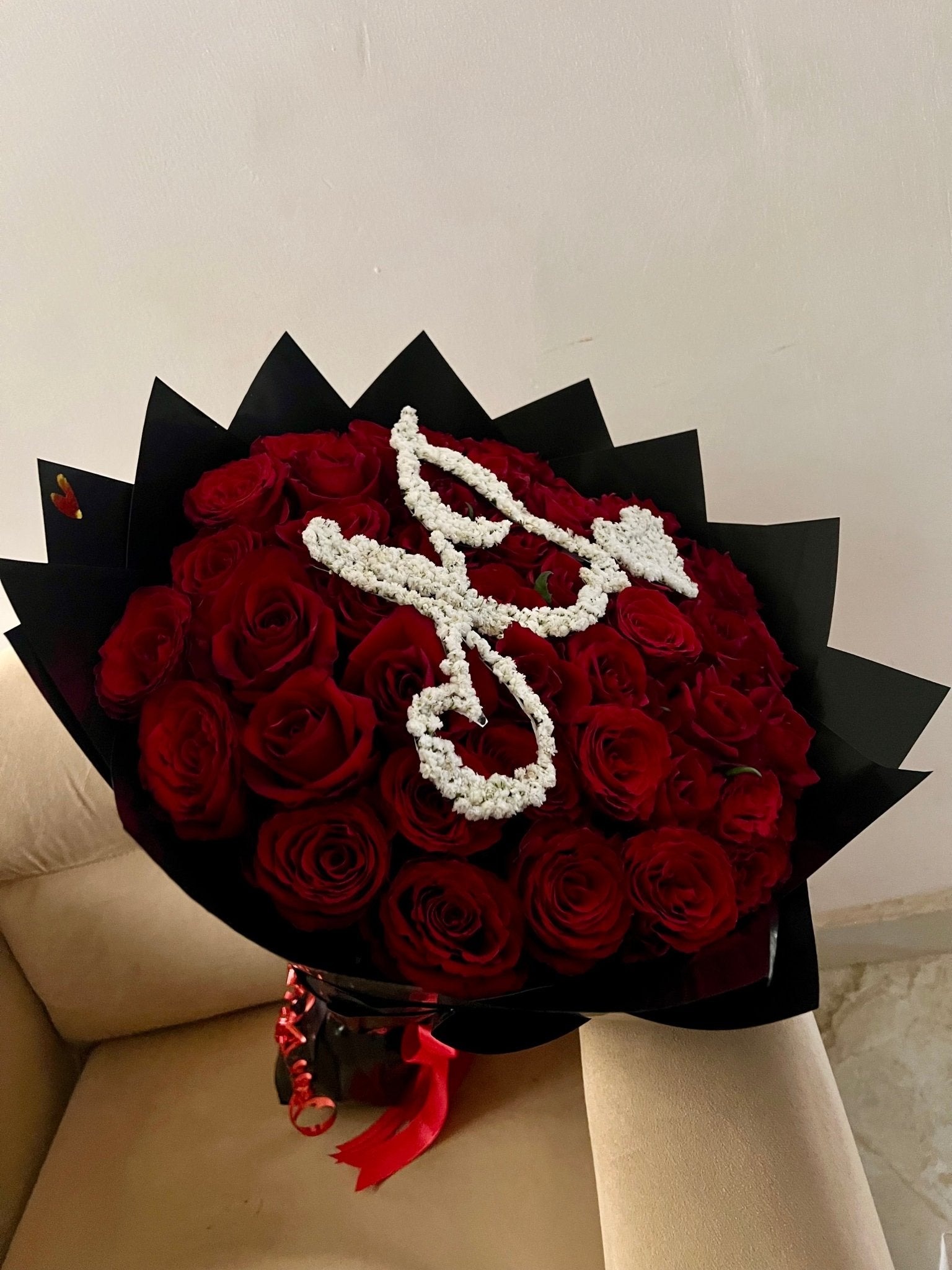 50 Red Roses Bouquet with Initial | Flower Delivery Abuja & Lagos - Magikworld Gifts and Surprises