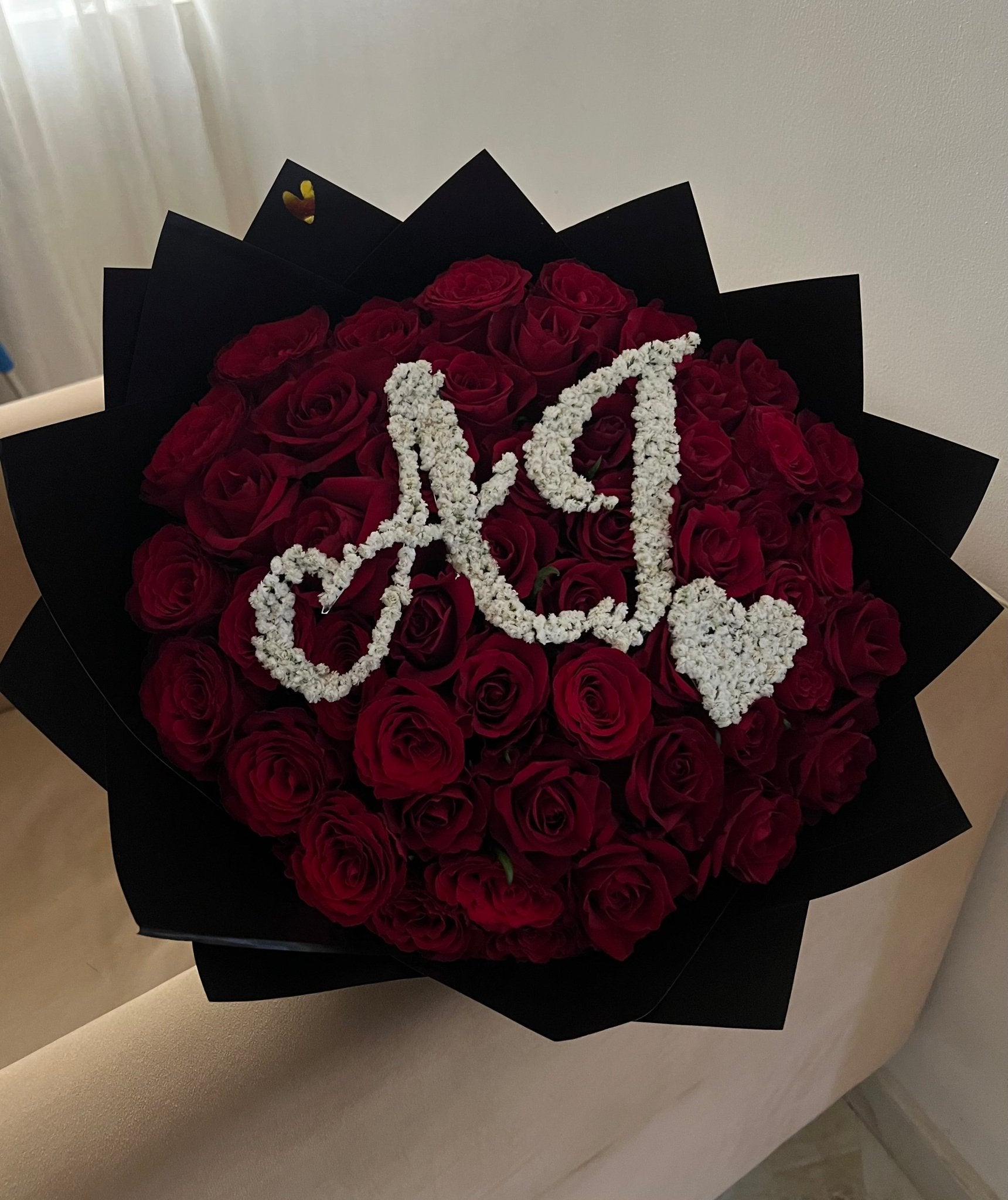 50 Red Roses Bouquet with Initial | Flower Delivery Abuja & Lagos - Magikworld Gifts and Surprises