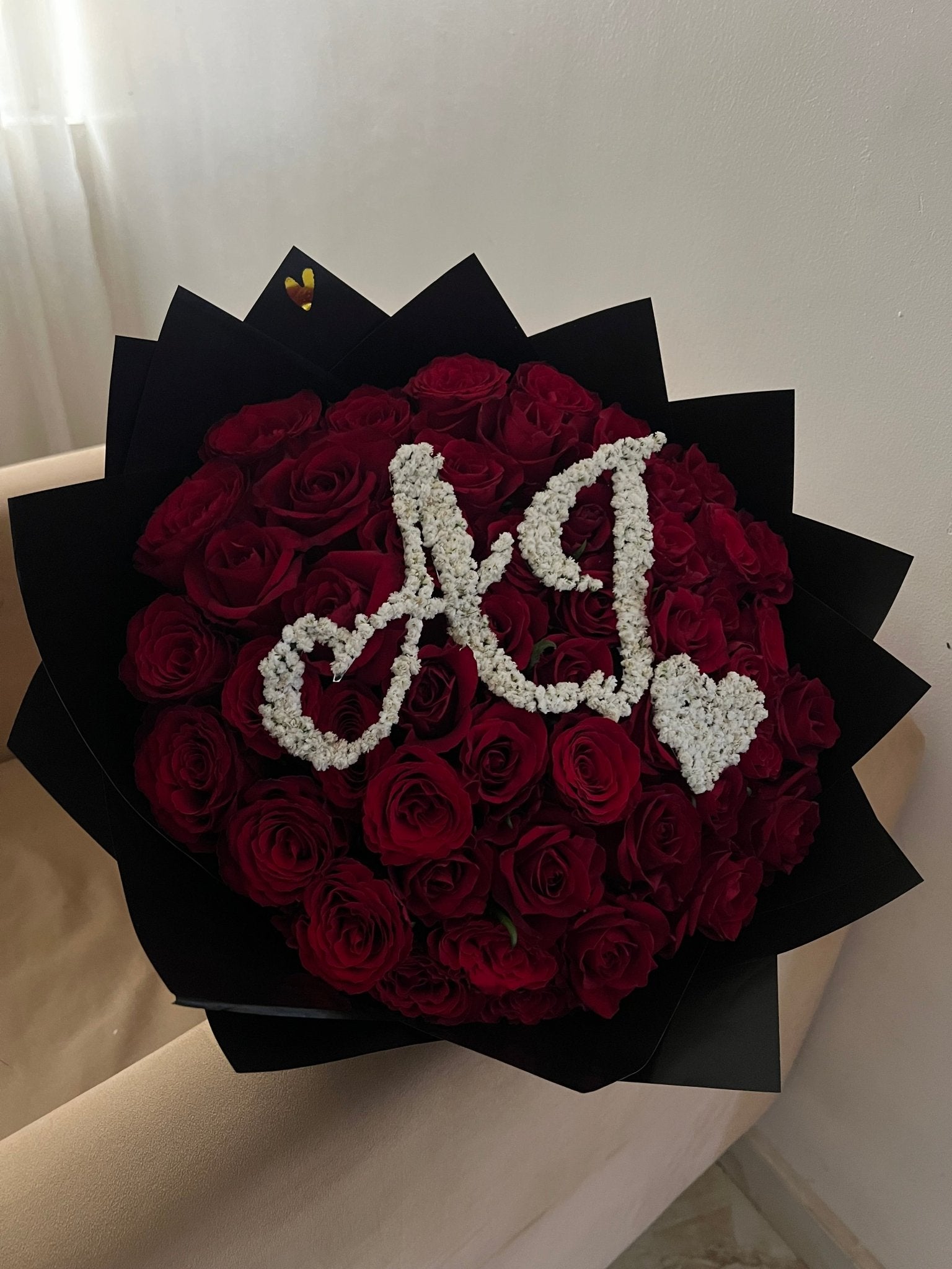 50 Red Roses Bouquet with Initial | Flower Delivery Abuja & Lagos - Magikworld Gifts and Surprises