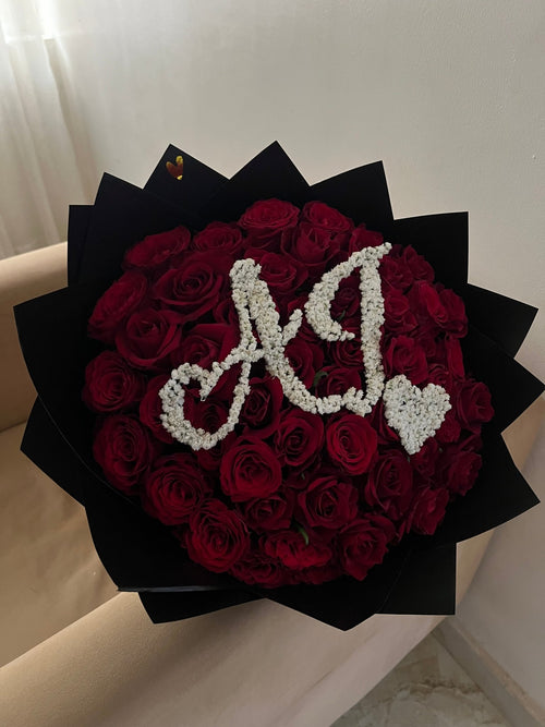 50 Red Roses Bouquet with Initial | Flower Delivery Abuja & Lagos - Magikworld Gifts and Surprises