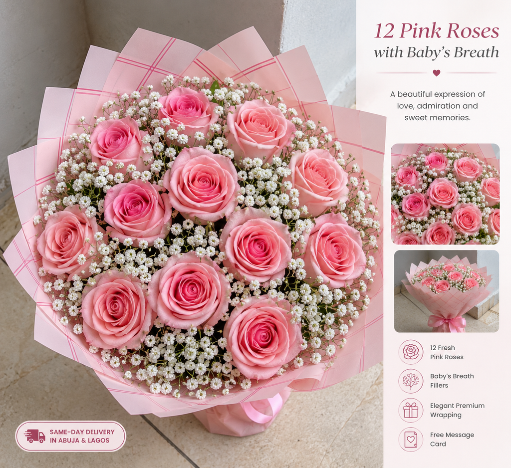 12 Red Roses Bouquet with Baby’s Breath