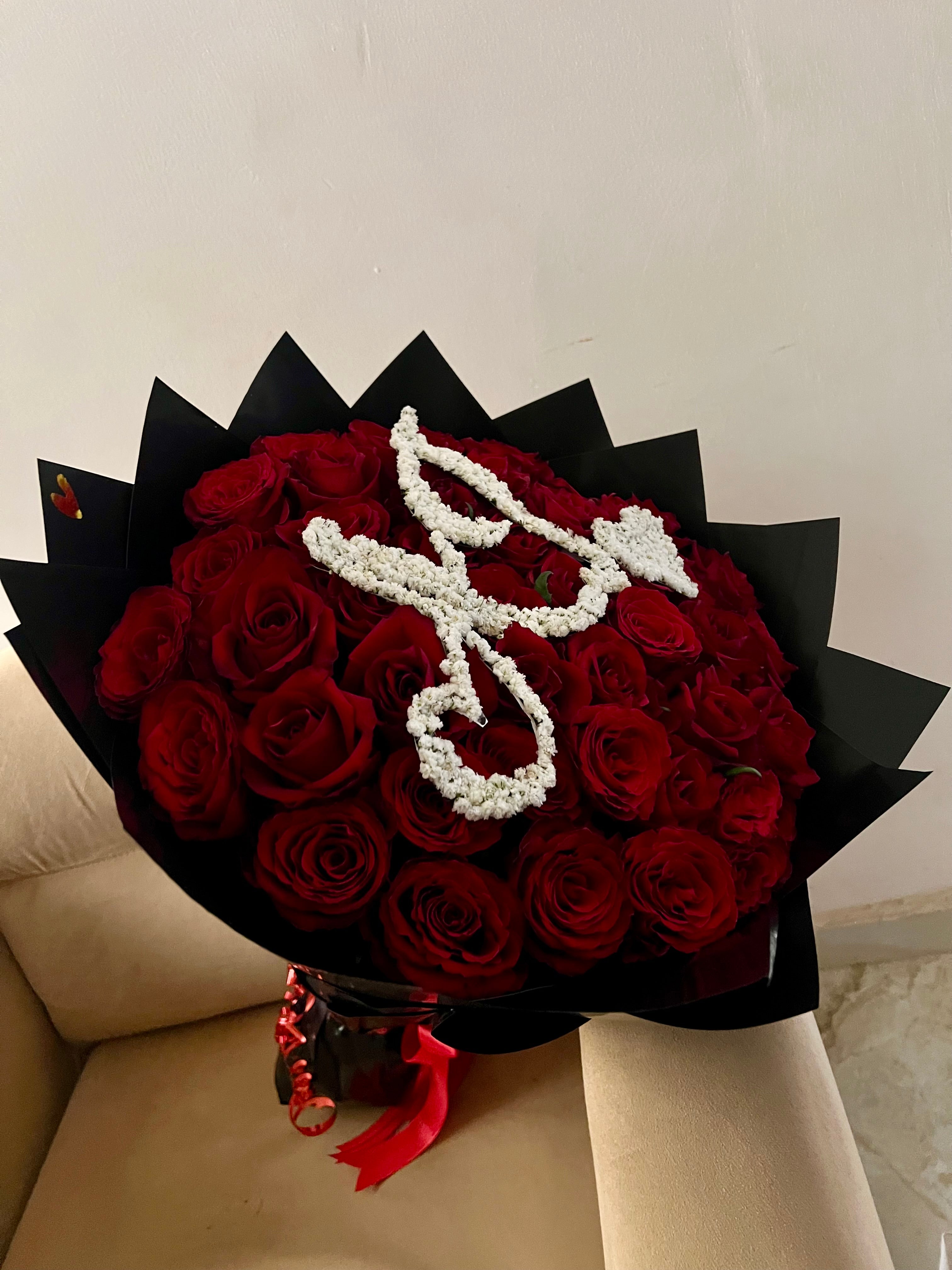 50 Red Roses Bouquet with Initial | Flower Delivery Abuja & Lagos