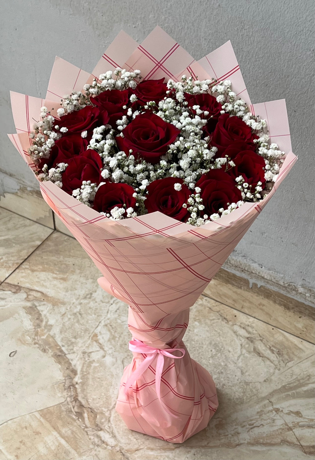 12 Red Roses Bouquet with Baby’s Breath