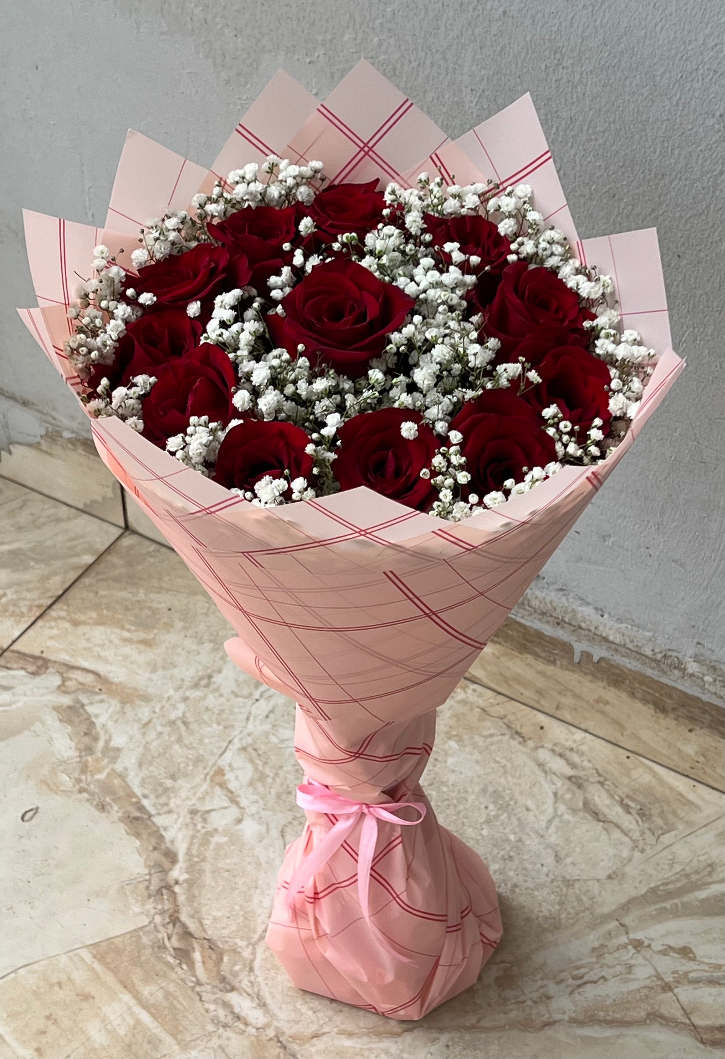 12 Red Roses Bouquet with Baby’s Breath