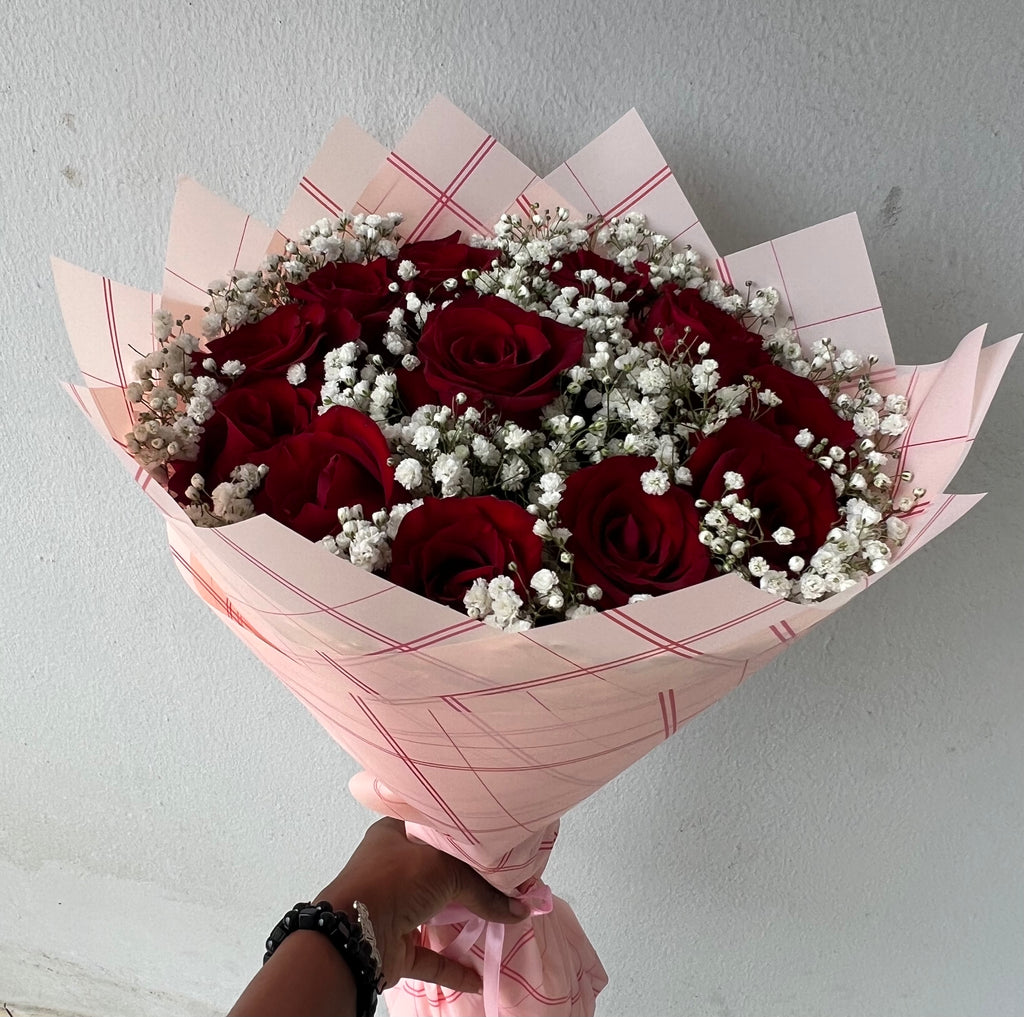 12 Red Roses Bouquet with Baby’s Breath