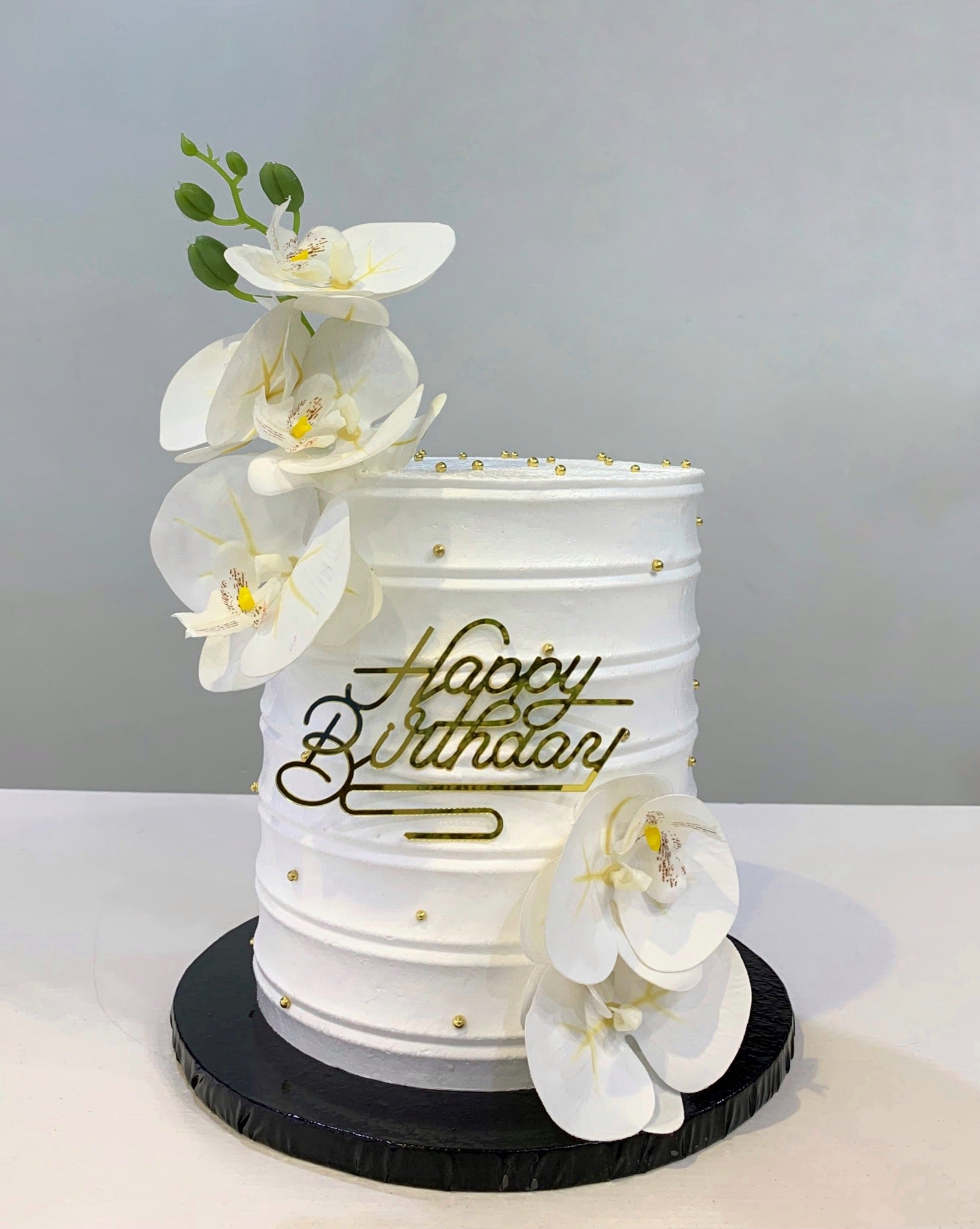Elegant White Orchid Birthday Cake