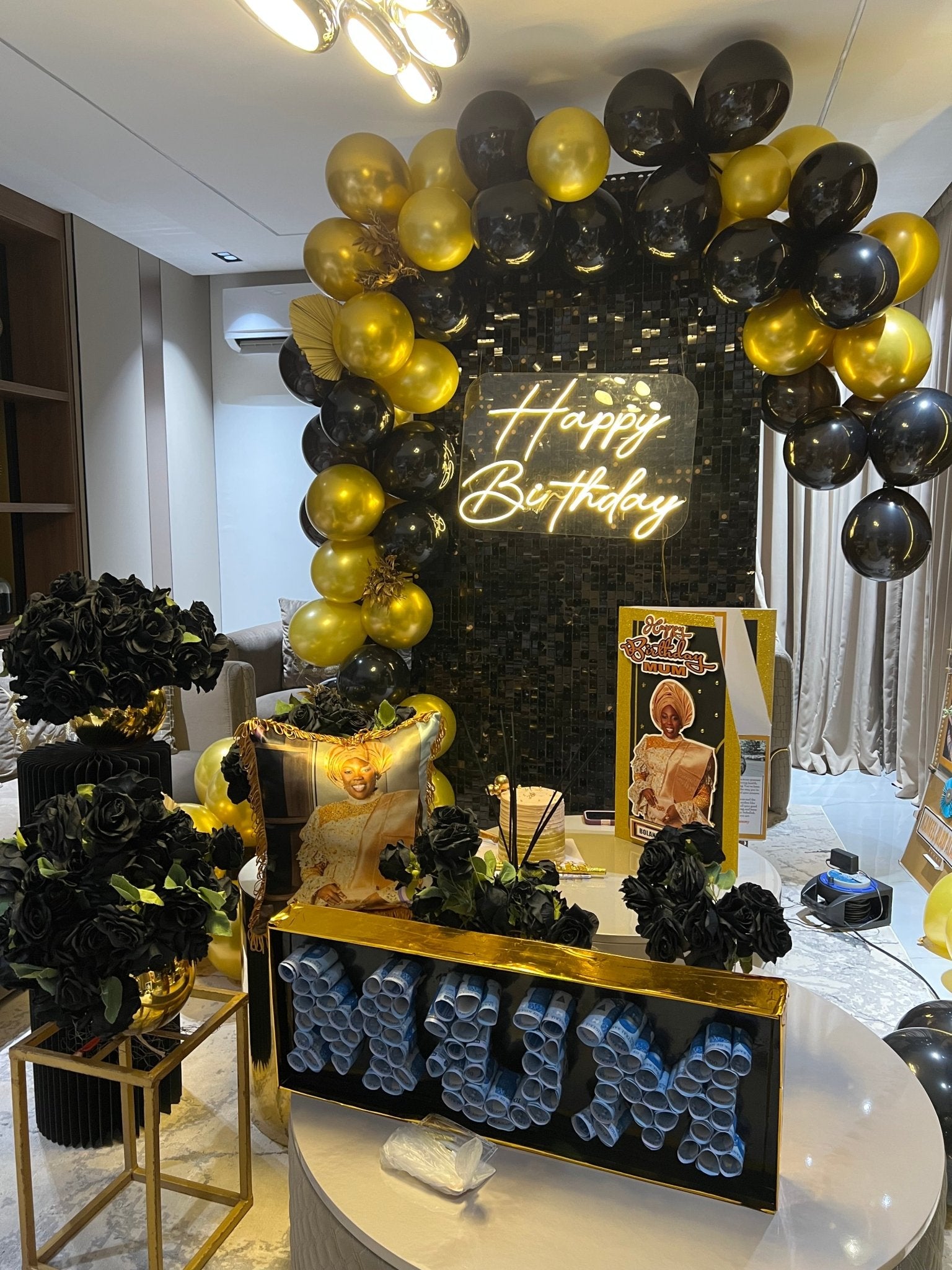 Black & Gold Birthday Surprise Setup | Room Decoration Abuja & Lagos - Magikworld Gifts and Surprises