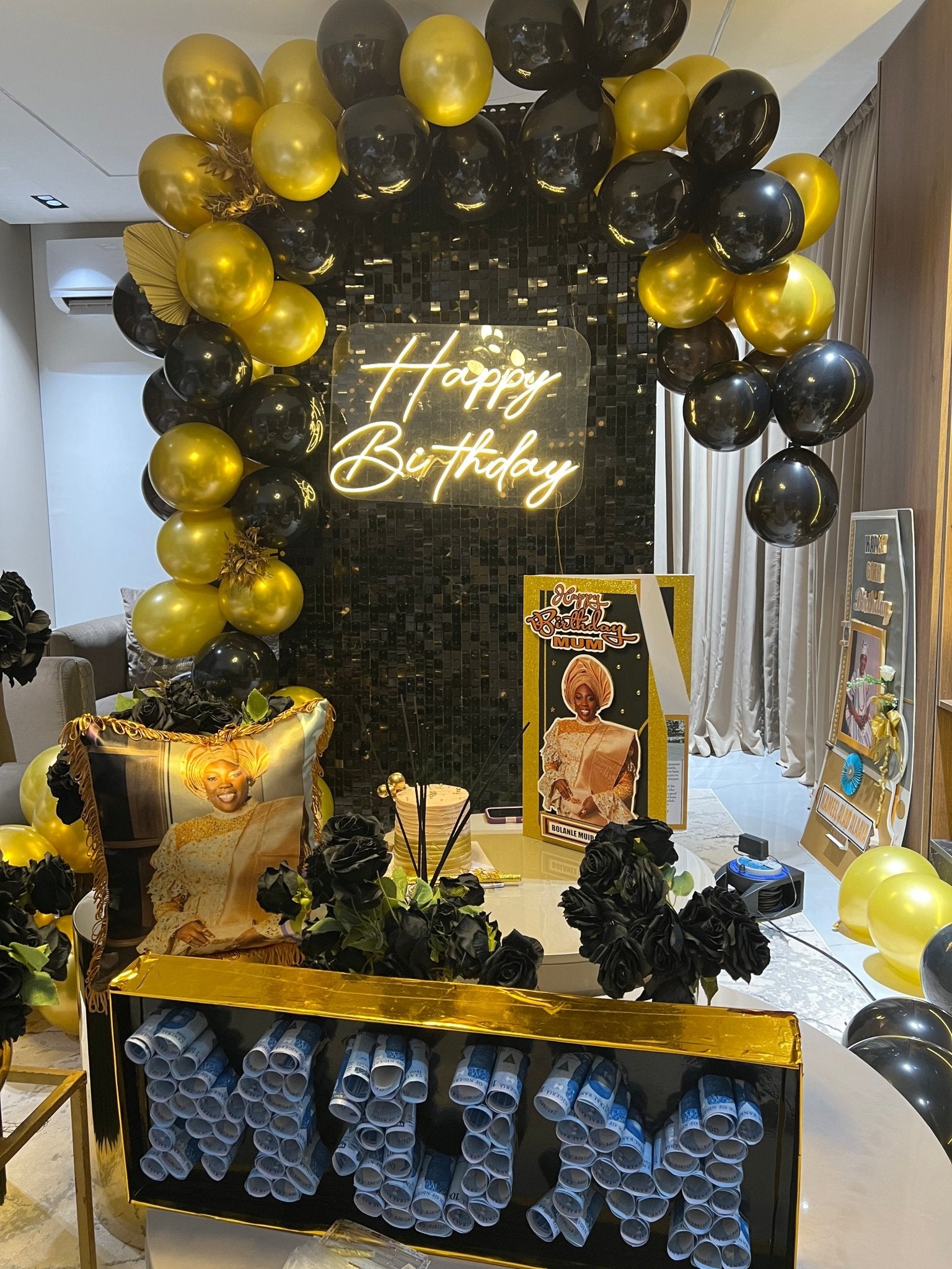 Black & Gold Birthday Surprise Setup | Room Decoration Abuja & Lagos - Magikworld Gifts and Surprises