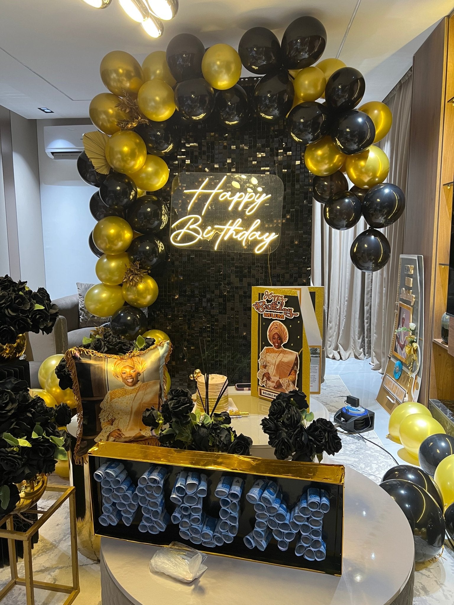 Black & Gold Birthday Surprise Setup | Room Decoration Abuja & Lagos - Magikworld Gifts and Surprises
