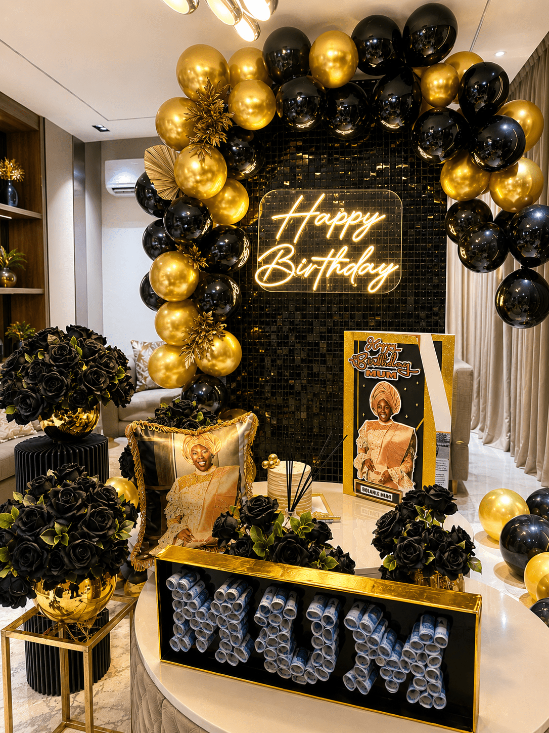 Black & Gold Birthday Surprise Setup | Room Decoration Abuja & Lagos - Magikworld Gifts and Surprises