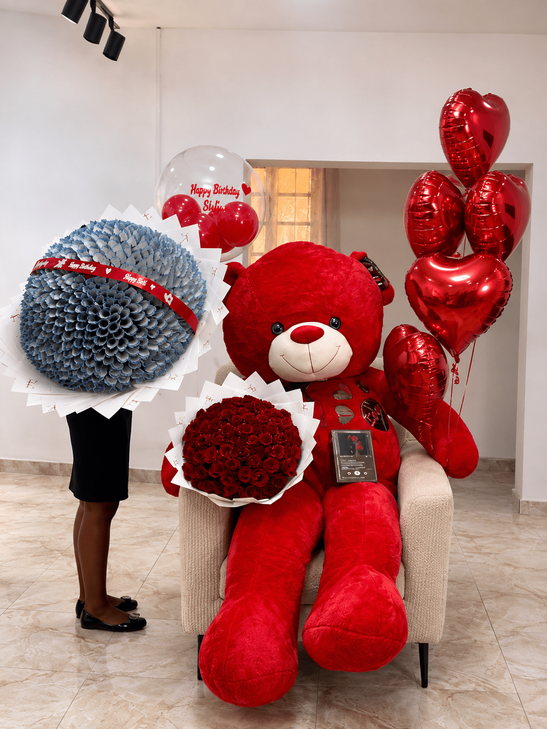 Giant Money Bouquet, Teddy Bear, Roses & Birthday Balloon Surprise - Magikworld Gifts and Surprises