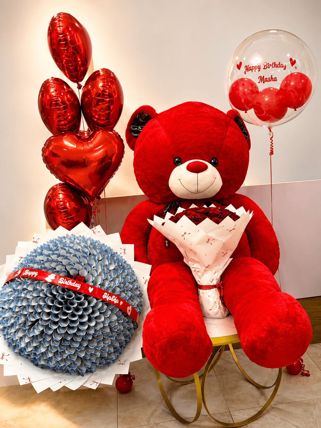 Giant Money Bouquet, Teddy Bear, Roses & Birthday Balloon Surprise - Magikworld Gifts and Surprises