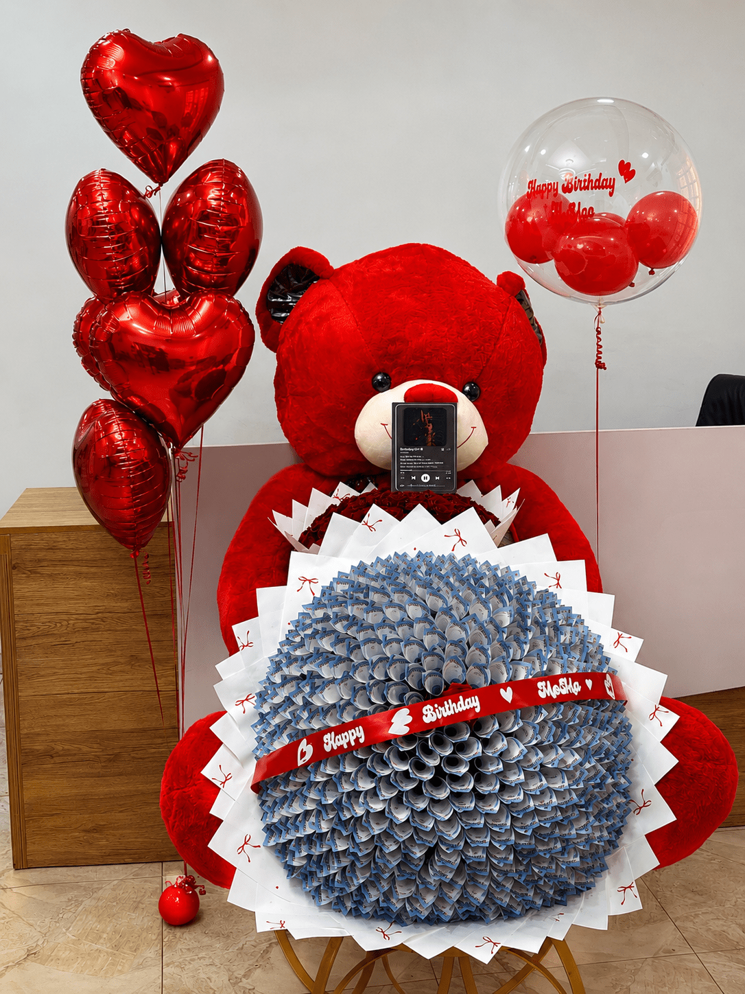 Giant Money Bouquet, Teddy Bear, Roses & Birthday Balloon Surprise - Magikworld Gifts and Surprises