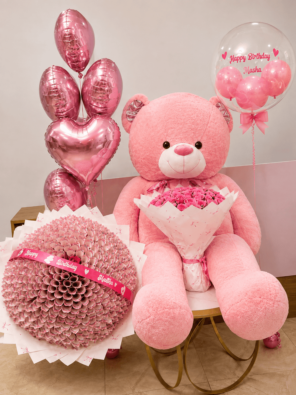Giant Money Bouquet, Teddy Bear, Roses & Birthday Balloon Surprise - Magikworld Gifts and Surprises