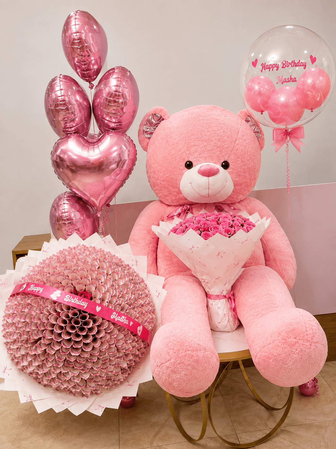 Giant Money Bouquet, Teddy Bear, Roses & Birthday Balloon Surprise - Magikworld Gifts and Surprises