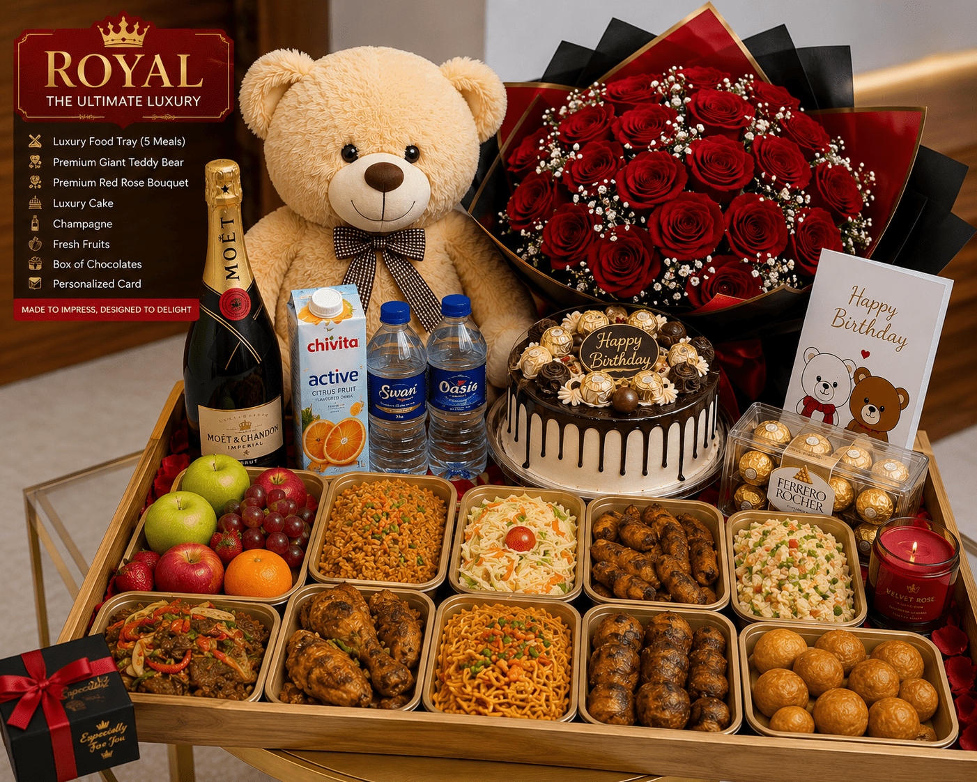 Luxury Birthday Food Tray Gift Basket with Teddy Bear, Roses & Cake | Abuja & Lagos - Magikworld Gifts and Surprises