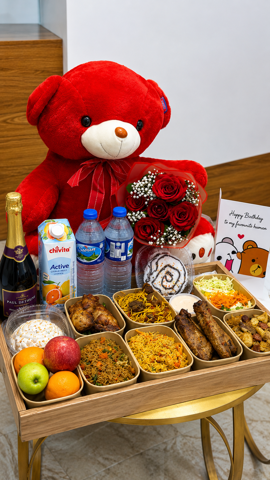 Luxury Birthday Food Tray Gift Basket with Teddy Bear, Roses & Cake | Abuja & Lagos - Magikworld Gifts and Surprises