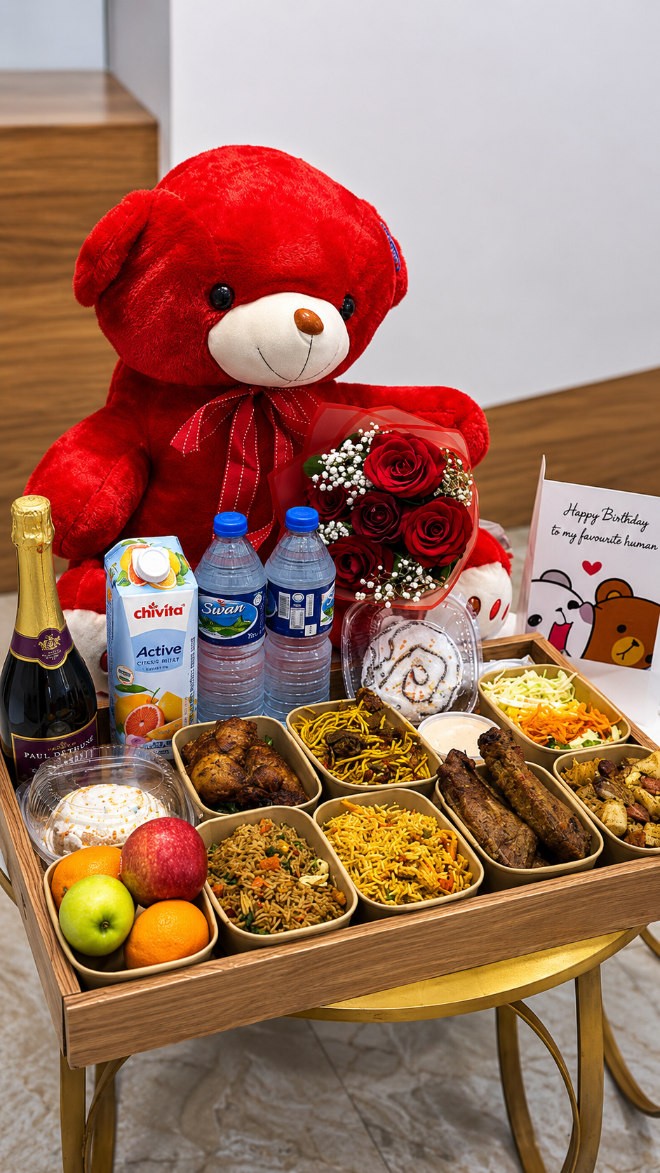 Luxury Birthday Food Tray Gift Basket with Teddy Bear, Roses & Cake | Abuja & Lagos - Magikworld Gifts and Surprises