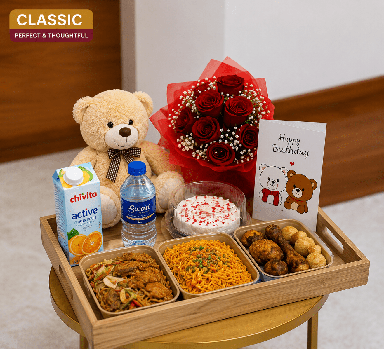 Luxury Birthday Food Tray Gift Basket with Teddy Bear, Roses & Cake | Abuja & Lagos - Magikworld Gifts and Surprises