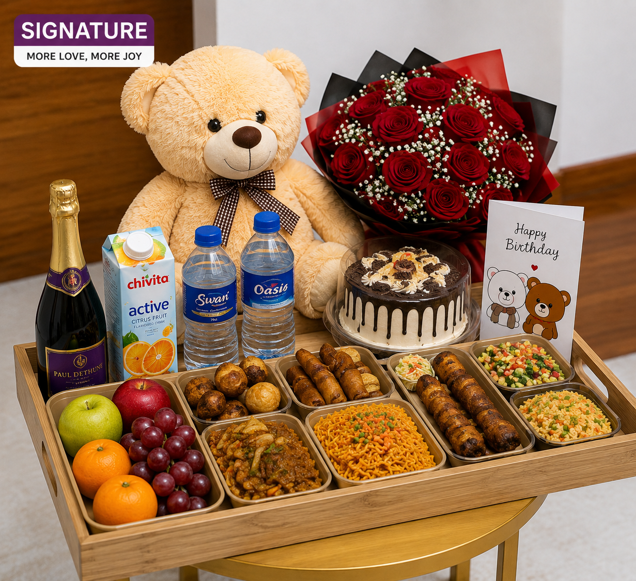 Luxury Birthday Food Tray Gift Basket with Teddy Bear, Roses & Cake | Abuja & Lagos - Magikworld Gifts and Surprises