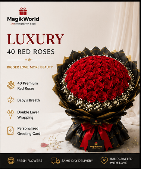 Luxury Red Rose Bouquet | Fresh Flower Delivery in Abuja & Lagos | Timeless Love Bouquet - Magikworld Gifts and Surprises
