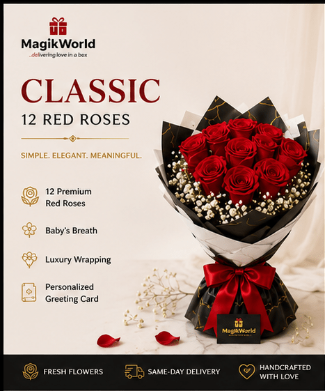 Luxury Red Rose Bouquet | Fresh Flower Delivery in Abuja & Lagos | Timeless Love Bouquet - Magikworld Gifts and Surprises