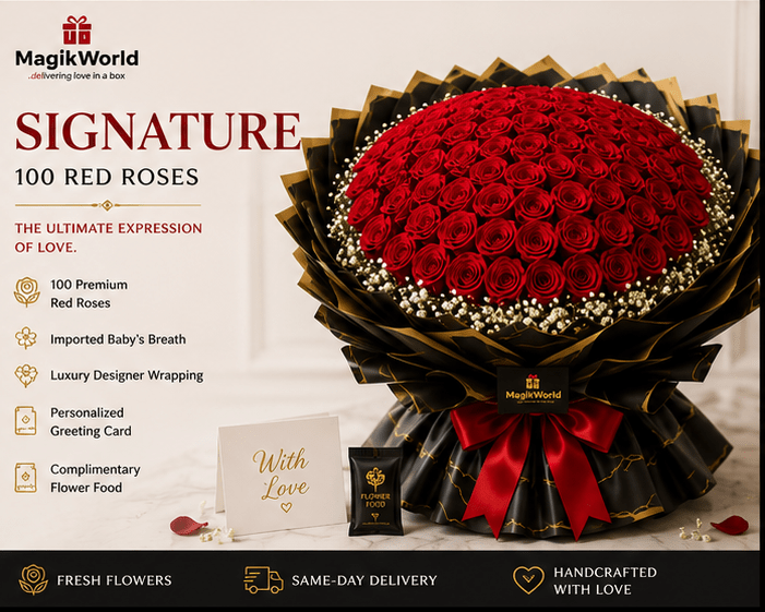 Luxury Red Rose Bouquet | Fresh Flower Delivery in Abuja & Lagos | Timeless Love Bouquet - Magikworld Gifts and Surprises