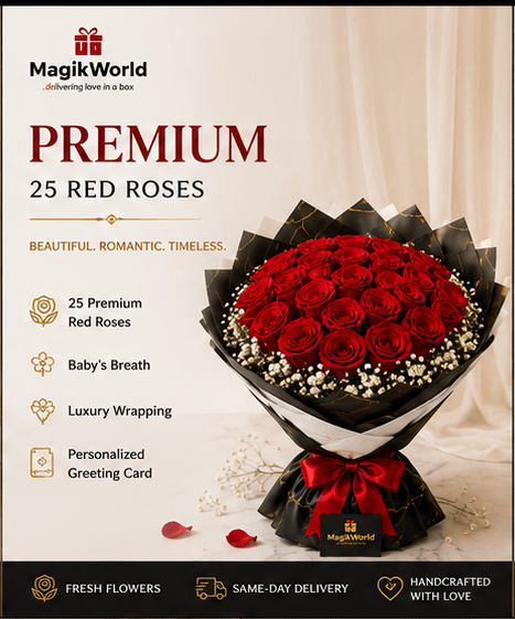 Luxury Red Rose Bouquet | Fresh Flower Delivery in Abuja & Lagos | Timeless Love Bouquet - Magikworld Gifts and Surprises