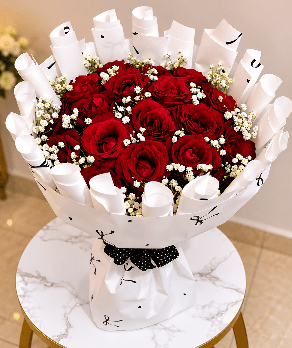 Red Rose & Baby’s Breath Bouquet – Lagos & Abuja Flower Delivery - Magikworld Gifts and Surprises